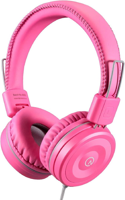 Kids Headphones K22 Foldable Stereo Tangle-Free 5Ft Long Cord 3.5Mm Jack Plugin Wired On-Ear Headset for Ipad/Amazon Kindle Fire/Girls/School/Laptop/Travel/Plane/Tablet Flamingopink