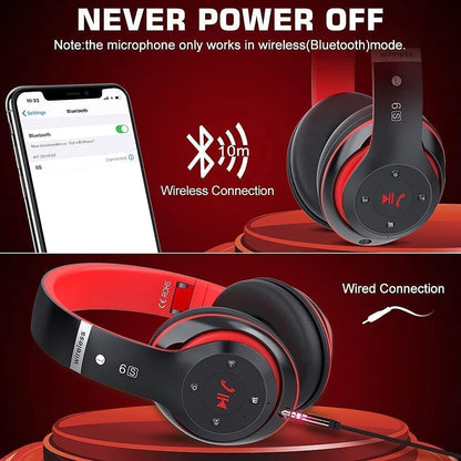 Bluetooth Headphones over Ear, Wireless Headphones Wired with 6 EQ Modes, 40 Hours Playtime Foldable Hifi Stereo Headset with Microphone, FM/TF for Cellphone/Pc/Work (Black & Red)